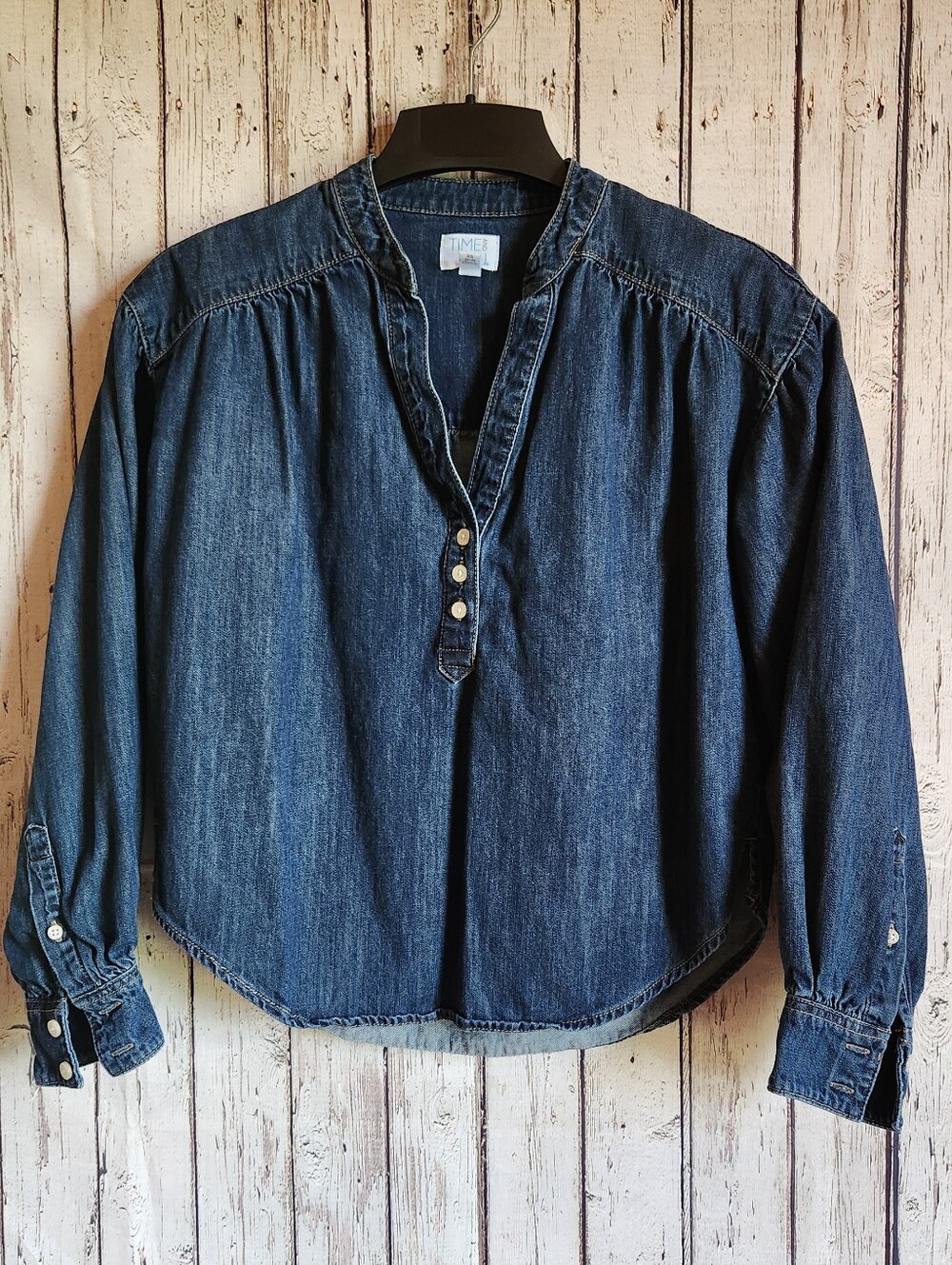 Time and Tru Denim Blouse Womens XS Blue V Neck Henley Long Sleeve Top